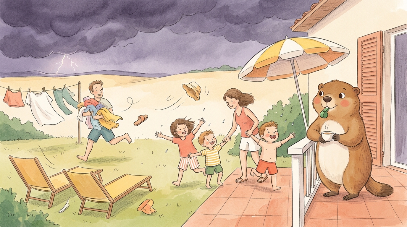 Handgezeichnete Kinderbuch-Szene: Eine Familie im Ferienhausgarten bei aufziehendem Abendgewitter — ein Erwachsener rettet die Wäsche von der Leine, Kinder strecken die Arme in den ersten Regen, ein Liegestuhl kippt im Wind, Murmeli beobachtet das Geschehen gelassen vom Terrassendach mit einer Tasse Tee
