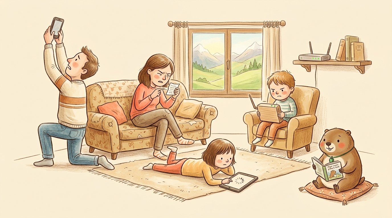 Handgezeichnete Kinderbuch-Szene: Familie in einem Ferienhaus — Vater kniet mit hochgehaltener Hand am Fenster, Mutter entziffert einen Zettel mit WLAN-Passwort, Kind starrt auf ein ladendes Tablet, während Murmeli entspannt ein Buch liest