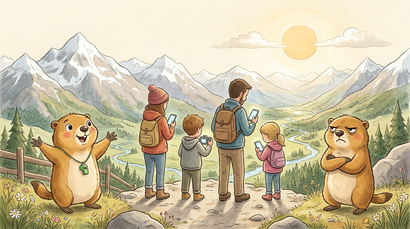 Handgezeichnete Kinderbuch-Szene: eine Familie steht mit dem Rücken zur wunderschönen Aussicht und schaut alle auf ihre Smartphones; Murmeli daneben strahlt das Panorama an; Grummeli schaut mit verschränkten Armen auf die Handysüchtigen