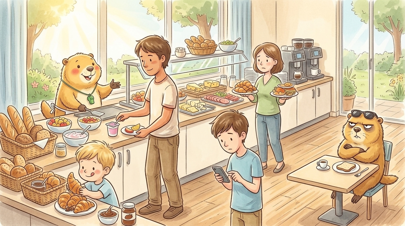 Handgezeichnete Kinderbuch-Szene: eine Familie steht am Frühstücksbuffet mit vollen Tellern; Murmeli in Schürze hinter dem Buffet, Grummeli sitzt allein mit einem winzigen Espresso am Tisch