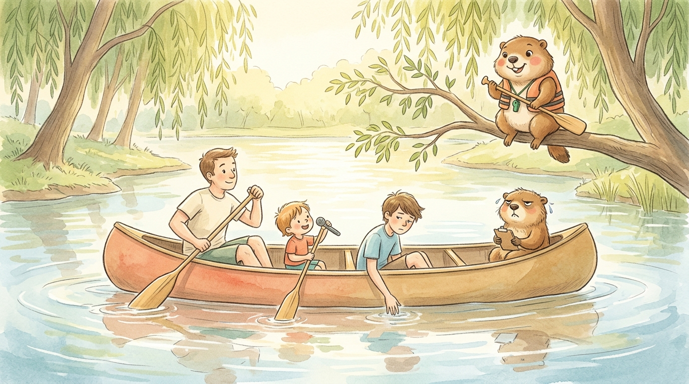 Handgezeichnete Kinderbuch-Szene: Eine Familie in einem grossen Kanu auf einem sonnigen Fluss — ein Elternteil paddelt entschlossen nach links, das andere nach rechts, das Boot dreht gemächlich im Kreis. Ein Kind hält das Paddel wie ein Mikrofon, der Teenager lässt die Hand im Wasser schleppen. Murmeli sitzt auf einem überhängenden Ast in einer kleinen Schwimmweste und hält ein Mini-Paddel, Grummeli klemmt im Heck des Boots mit einem Klemmbrett und tropfenden Ohren.