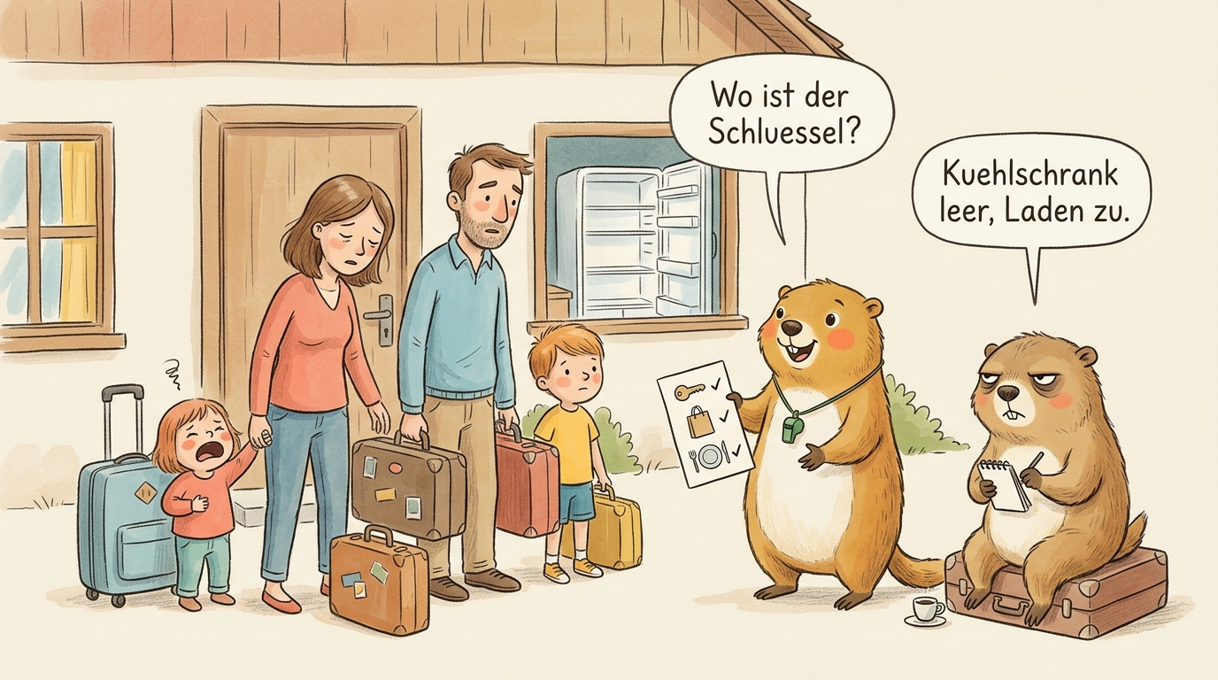 Handgezeichnete Kinderbuch-Szene: eine erschoepfte Familie steht vor einem Ferienhaus zwischen Koffern, ein Kind quengelt, der Kuehlschrank im Hintergrund ist leer; Murmeli empfaengt sie mit einer freundlichen Ankunfts-Checkliste (Schluessel, Einkauf, erstes Abendessen), Grummeli sitzt mit Espresso auf einem Koffer und fuehrt Strichliste der Nerven. Familien-Sprechblase: 'Wo ist der Schluessel?', Grummelis trockener Kommentar daneben: 'Kuehlschrank leer, Laden zu.'