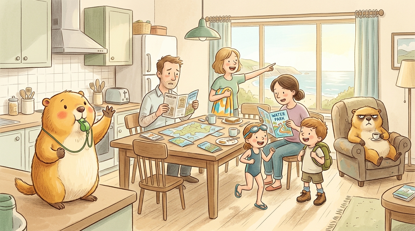 Handgezeichnete Kinderbuch-Szene: Morgenchaos im Ferienhaus-Wohnzimmer. Erwachsene halten Museumsflyer, Strandtuch und Wasserpark-Prospekte in die Höhe, ein Kind ist schon im Badeanzug, ein anderes trägt Wanderschuhe. Murmeli steht auf der Küchentheke und pfeift zur Ordnung. Grummeli sitzt im Sessel mit Espresso und deadpan Gesichtsausdruck.