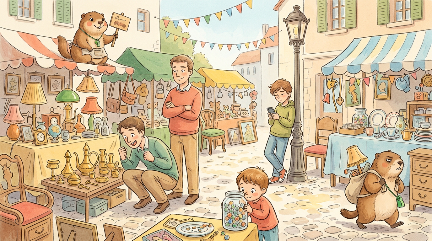 Handgezeichnete Kinderbuch-Szene: Eine Familie auf einem bunten Flohmarkt auf einem Dorfplatz — ein Elternteil beugt sich begeistert über einen Stand mit alten Messingobjekten, das andere steht mit verschränkten Armen daneben, der Teenager lehnt gelangweilt an einer Laterne, das Kind drückt sein Gesicht an ein Glas mit Murmeln. Murmeli steht auf einem der Stände in einer kleinen Schürze, Grummeli schleppt eine überfüllte Tasche mit einer komischen Lampe.