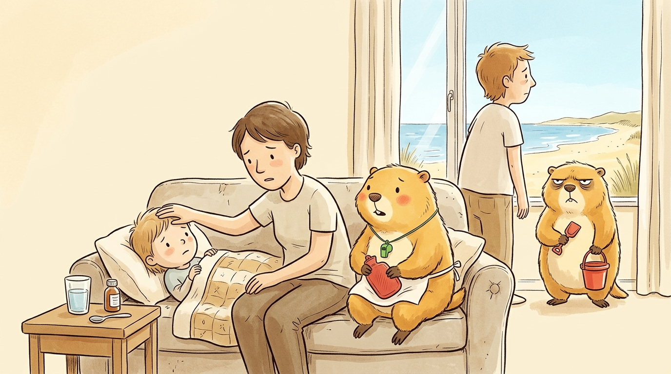 Handgezeichnete Kinderbuch-Szene: ein helles Ferienhaus-Wohnzimmer, draussen scheint die Sonne; auf dem Sofa liegt ein blasses Kind unter einer Decke, ein Elternteil sitzt daneben und fühlt die Stirn; Murmeli sitzt mit einer kleinen Wärmflasche am Sofa, Grummeli steht am Fenster mit einem Eimer und Schaufel und schaut leidend auf den Strand