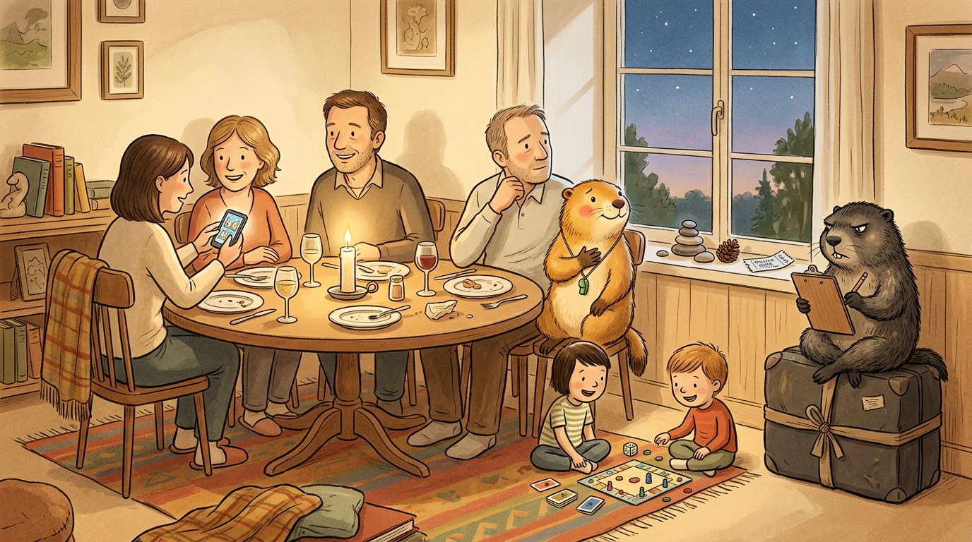 Handgezeichnete Kinderbuch-Szene: Letzter Urlaubsabend im Ferienhaus. Zwei Familien sitzen beim Kerzenlicht am Tisch, Kinder spielen auf dem Boden, ein Koffer steht bereits fertig gepackt in der Ecke. Murmeli sitzt am Tischrand und schaut nostalgisch aus dem Fenster. Grummeli sitzt auf dem Koffer mit Klemmbrett und Checkliste.