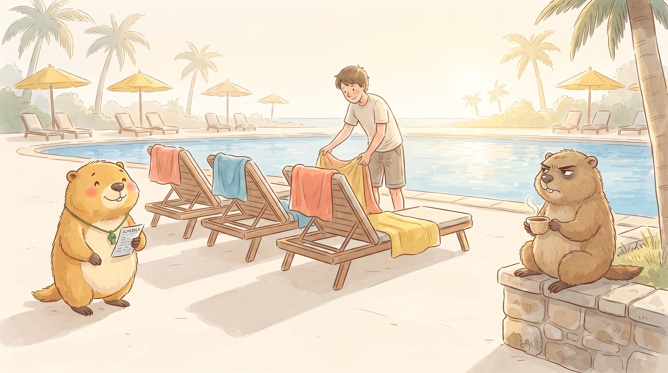 Handgezeichnete Kinderbuch-Szene: ein Ferienhotel-Pool am frühen Morgen, eine Person legt sorgfältig Handtücher auf vier Liegestühle; Murmeli hält einen Stundenplan und schaut zufrieden; Grummeli beobachtet das Ganze mit einem skeptischen Blick und einem Kaffeebecher in der Pfote
