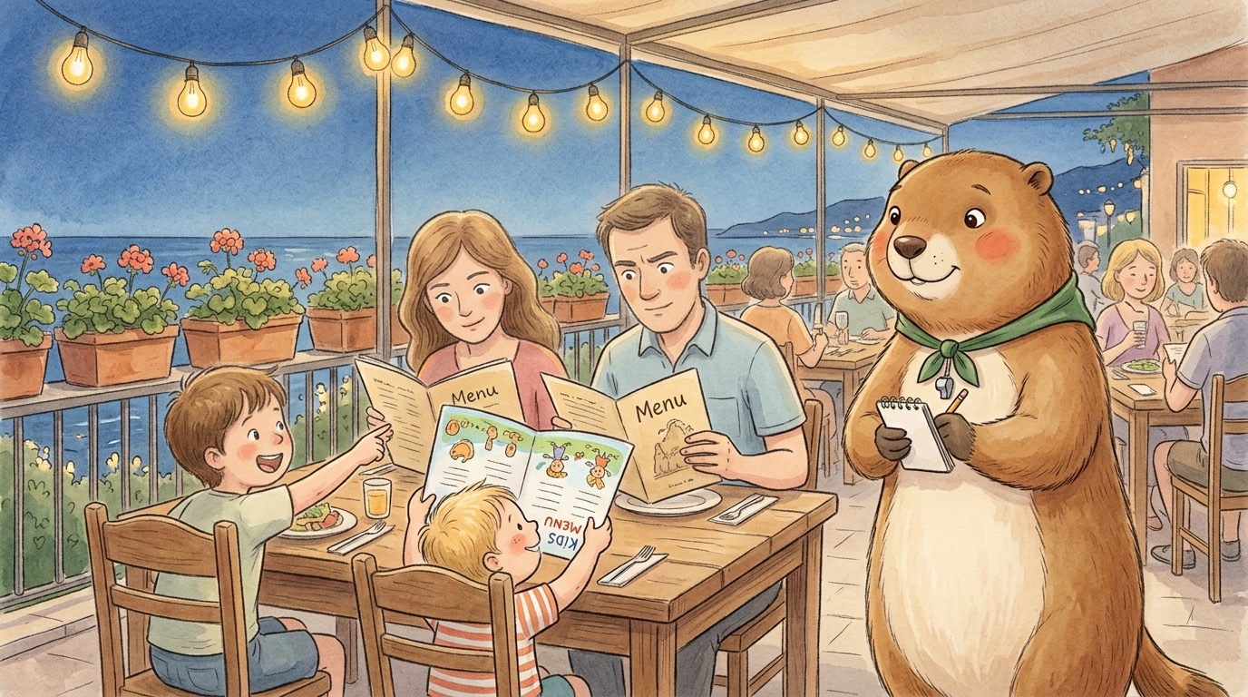 Handgezeichnete Kinderbuch-Szene: Belebtes Urlaubsrestaurant — Eltern und Kinder an einem grossen Tisch, die Kinder inspizieren die Speisekarte mit Stirnrunzeln, ein Kind zeigt auf etwas am Nebentisch, Murmeli sitzt als geduldiger Kellner daneben mit Notizblock
