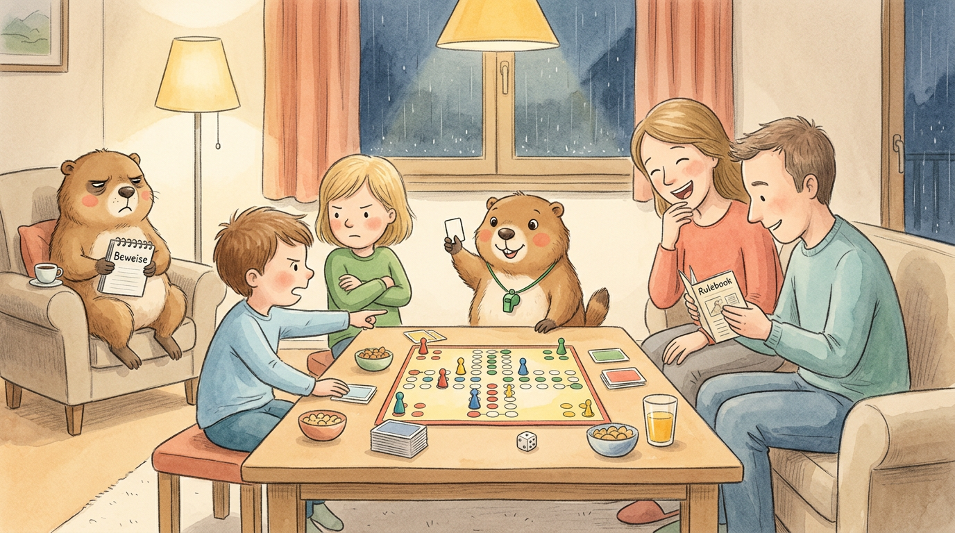 Handgezeichnete Kinderbuch-Szene: Familie beim Brettspielabend in einem gemütlichen Ferienhaus-Wohnzimmer, Kinder streiten über das Spielbrett, Erwachsene lesen Anleitung, Murmeli sitzt auf dem Tisch mit einer kleinen Schiedsrichterkarte, Grummeli beobachtet mit Notizbuch vom Sessel aus