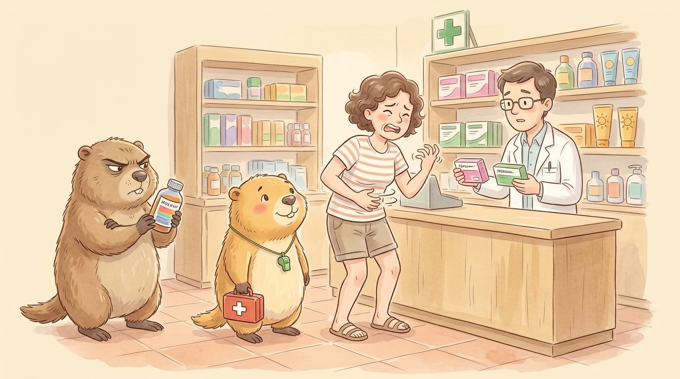 Handgezeichnete Kinderbuch-Szene: Murmeli steht mit einem kleinen Erste-Hilfe-Koffer neben einer Familie an einem Apothekentresen; eine Mutter mimt mit Gesten Bauchschmerzen für eine geduldige Apothekerin; Grummeli hält skeptisch eine unbekannte Medikamentenpackung hoch und hebt eine Augenbraue; im Hintergrund Regale mit bunten Produkten und einem Apothekenkreuz