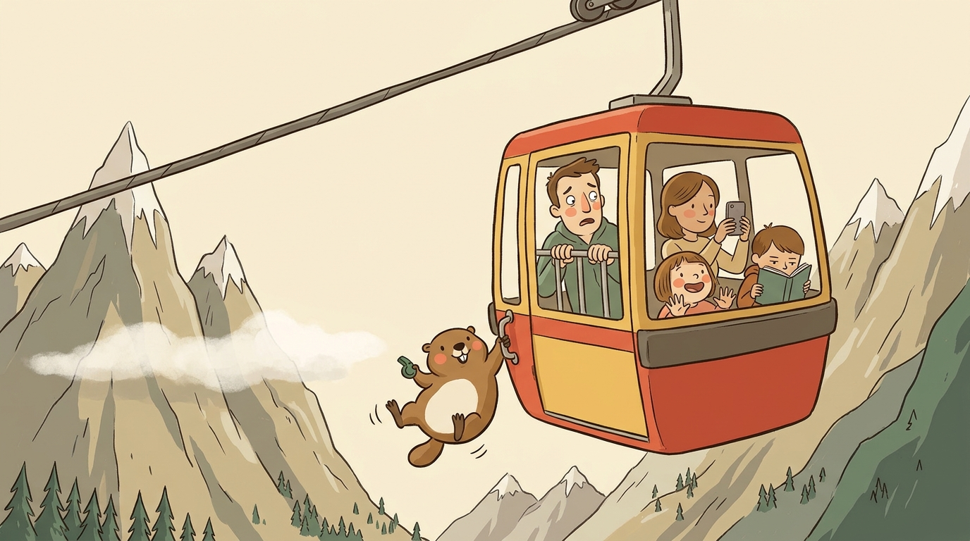 Handgezeichnete Kinderbuch-Szene: Eine rote Gondel hängt am Seil über Bergpanorama — drinnen eine Familie zwischen Begeisterung und Schrecken, draußen hält sich Murmeli fröhlich am Notgriff fest