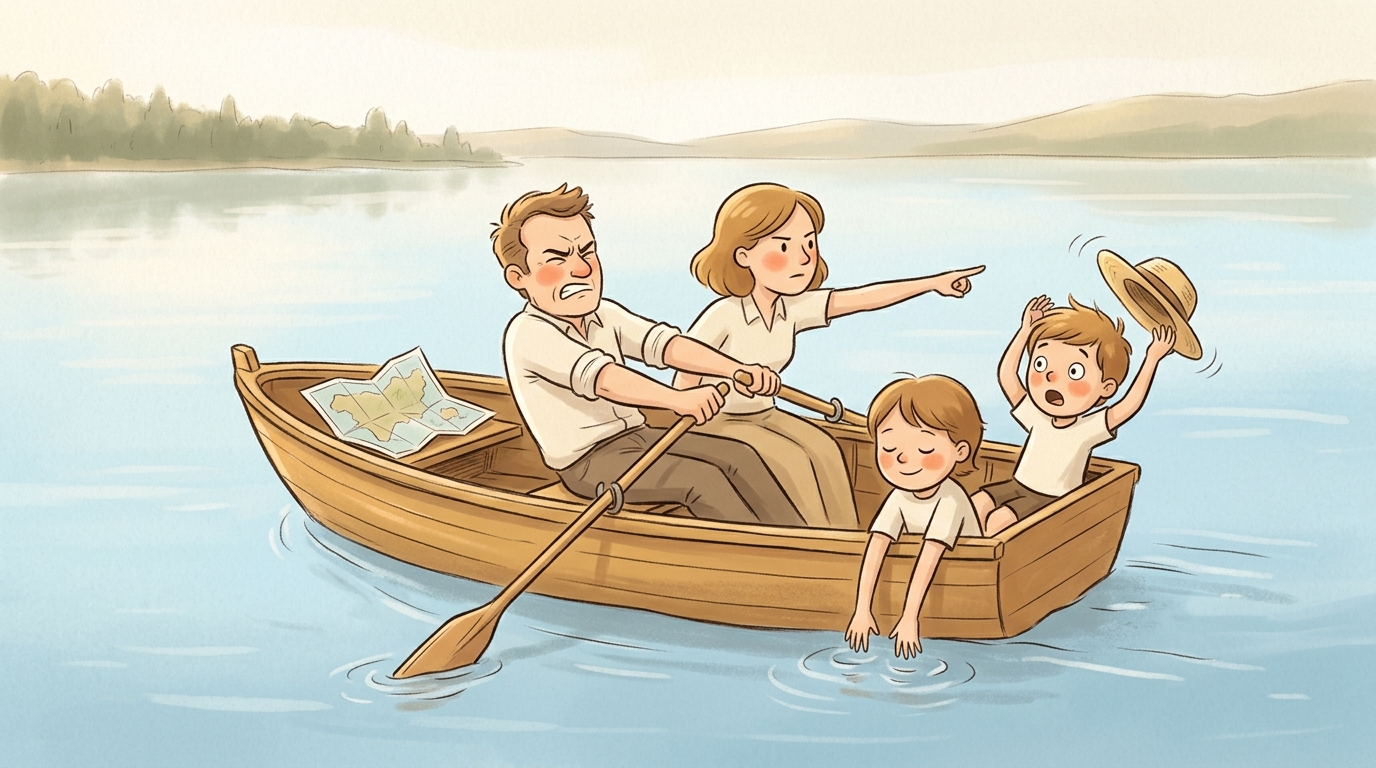 Handgezeichnete Kinderbuch-Szene: Eine Familie in einem kleinen Ruderboot auf einem Bergsee — der Vater rudert mit zusammengebissenen Zähnen, die Mutter zeigt in eine Richtung, ein Kind lässt die Hände ins Wasser gleiten, ein anderes greift nach seinem davonfliegenden Strohhut
