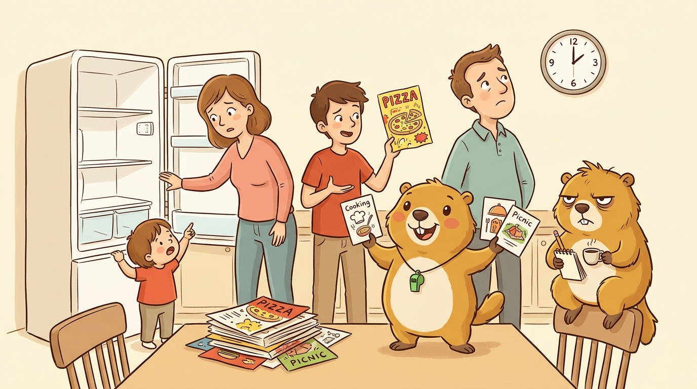 Handgezeichnete Kinderbuch-Szene: eine Familie steht ratlos vor einer offenen Ferienhaus-Küche und einem Stapel Restaurant-Flyer. Die Mutter hält einen leeren Kühlschrank auf, ein Kind ruft nach Pommes, ein Teenager deutet auf einen Pizza-Flyer, der Vater blickt auf die Uhr — es ist schon halb zwei. Murmeli steht auf dem Küchentisch und hält drei Vorschlags-Kärtchen hoch (Kochen, Restaurant, Picknick) zum Abstimmen, Grummeli sitzt mit Espresso auf der Stuhllehne und führt Strichliste. Familien-Sprechblase: 'Mir egal, was wollt ihr?', Grummelis trockener Kommentar daneben: 'Vierte Runde. Es wird wieder Pizza.'