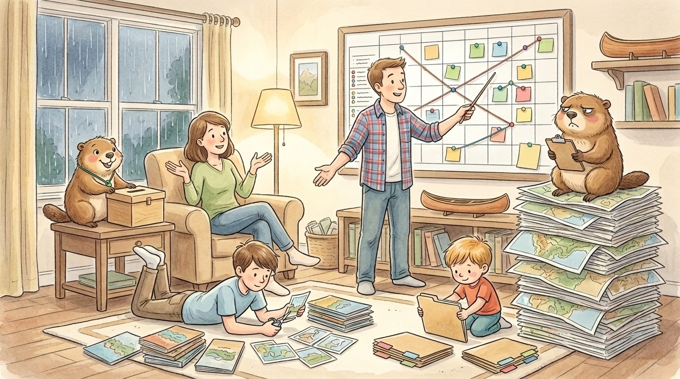 Handgezeichnete Kinderbuch-Szene in einem gemütlichen Wohnzimmer an einem verregneten Oktoberabend, Regentropfen laufen am Fenster herunter. Ein Elternteil im karierten Hemd steht vor einer riesigen Pinnwand mit Kalenderraster, bunten Stecknadeln, roten Fäden und Klebezetteln und zeigt mit einem Zeigestock darauf wie ein Feldherr. Das andere Elternteil sitzt entspannt im Sessel und hebt lächelnd die Hände, als würde es sagen: Das schauen wir dann spontan. Ein Kind liegt bäuchlings auf dem Teppich und schneidet Strandbilder aus Reisekatalogen aus, ein kleineres Kind sortiert Aktenmappen. Murmeli sitzt auf einem Beistelltisch mit einer hölzernen Wahlurne und der Trillerpfeife, bereit, alle zur Abstimmung zu rufen. Grummeli thront auf einem wackligen Turm aus Landkarten und Katalogen, mit Klemmbrett, und mustert die Pinnwand ausdruckslos.