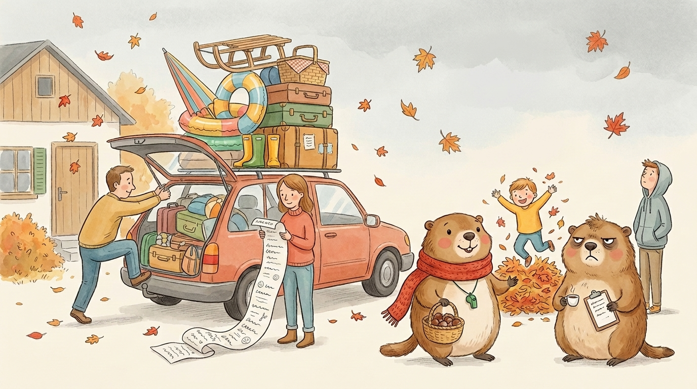 Handgezeichnete Kinderbuch-Szene an einem grauen Herbsttag vor einem kleinen Ferienhaus, bunte Blätter wirbeln durch die Luft. Das rote Familienauto ist für fünf Tage absurd überladen: Auf dem Dach türmen sich ein Holzschlitten, ein gestreifter Sonnenschirm, Schwimmringe, drei Paar Gummistiefel, ein Picknickkorb und mehrere Koffer. Ein Elternteil stemmt ein Knie in den Kofferraum, um den Deckel irgendwie zuzubekommen, das andere liest eine handgeschriebene Liste, die sich bis über den Boden abrollt. Ein Kind springt jubelnd in einen Laubhaufen, der Teenager im Kapuzenpulli schaut skeptisch in den Himmel. Murmeli trägt einen langen roten Strickschal und hält ein Körbchen Kastanien, daneben steht Grummeli mit Espresso und Klemmbrett und mustert den Gepäckberg ausdruckslos.