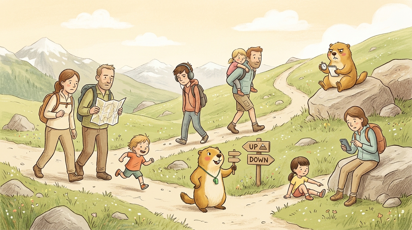 Handgezeichnete Kinderbuch-Szene: Zwei Familien auf einem Bergwanderweg. Erwachsene mit Karte, ein Kind sitzt auf dem Boden, ein Teenager mit Kopfhörern, Murmeli zeigt den Weg mit Trillerpfeife, Grummeli sitzt auf einem Stein mit Stoppuhr und Notizbuch.