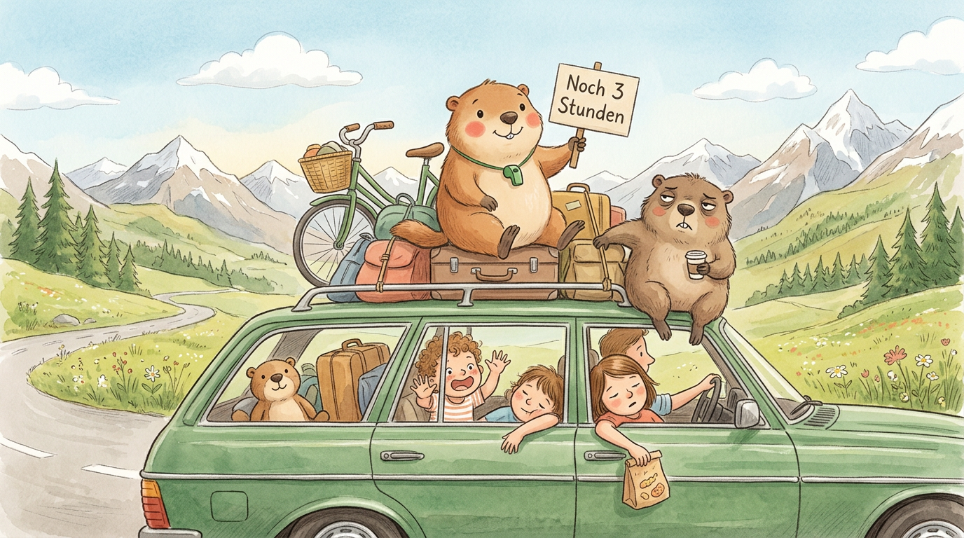 Handgezeichnete Kinderbuch-Szene: Vollgepacktes Familienauto auf einer Alpenstrasse, durch die Heckscheibe sieht man zwei Kinder in völlig verschiedenen Körperhaltungen, eine Hand reicht Snacks nach hinten, Murmeli sitzt auf dem Dachgepäckträger mit einem Schild 'Noch 3 Stunden'
