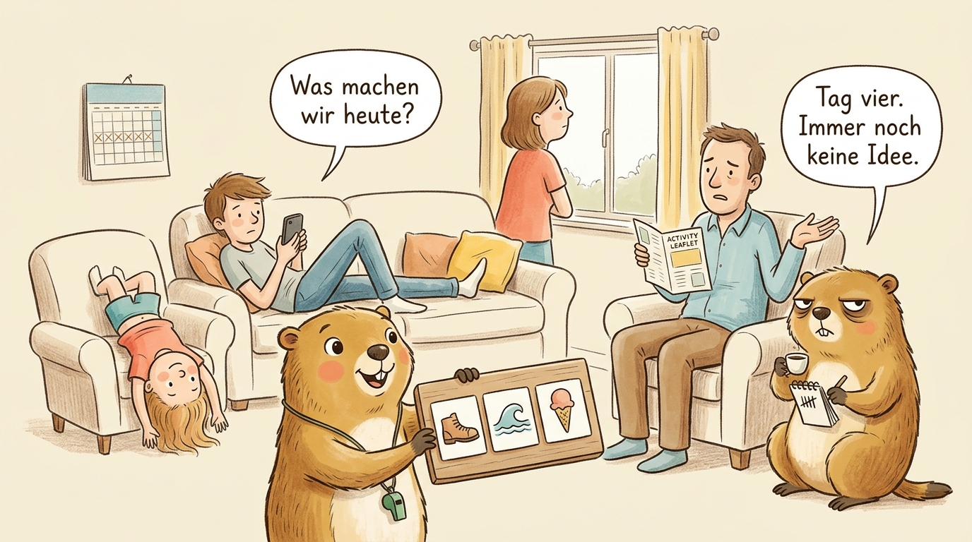 Handgezeichnete Kinderbuch-Szene: eine Familie haengt gelangweilt im Ferienhaus-Wohnzimmer herum — ein Teenager auf dem Sofa am Handy, ein Kind kopfueber ueber dem Sessel, die Mutter blickt aus dem Fenster, der Vater zuckt mit einem leeren Prospekt die Schultern; an der Wand ein Kalender mit leeren Tagen. Murmeli haelt drei Vorschlags-Kaertchen zum Abstimmen hoch (Wandern, Schwimmen, Eis), Grummeli sitzt mit Espresso auf der Sessellehne und fuehrt Strichliste der unentschiedenen Tage. Familien-Sprechblase: 'Was machen wir heute?', Grummelis trockener Kommentar daneben: 'Tag vier. Immer noch keine Idee.'