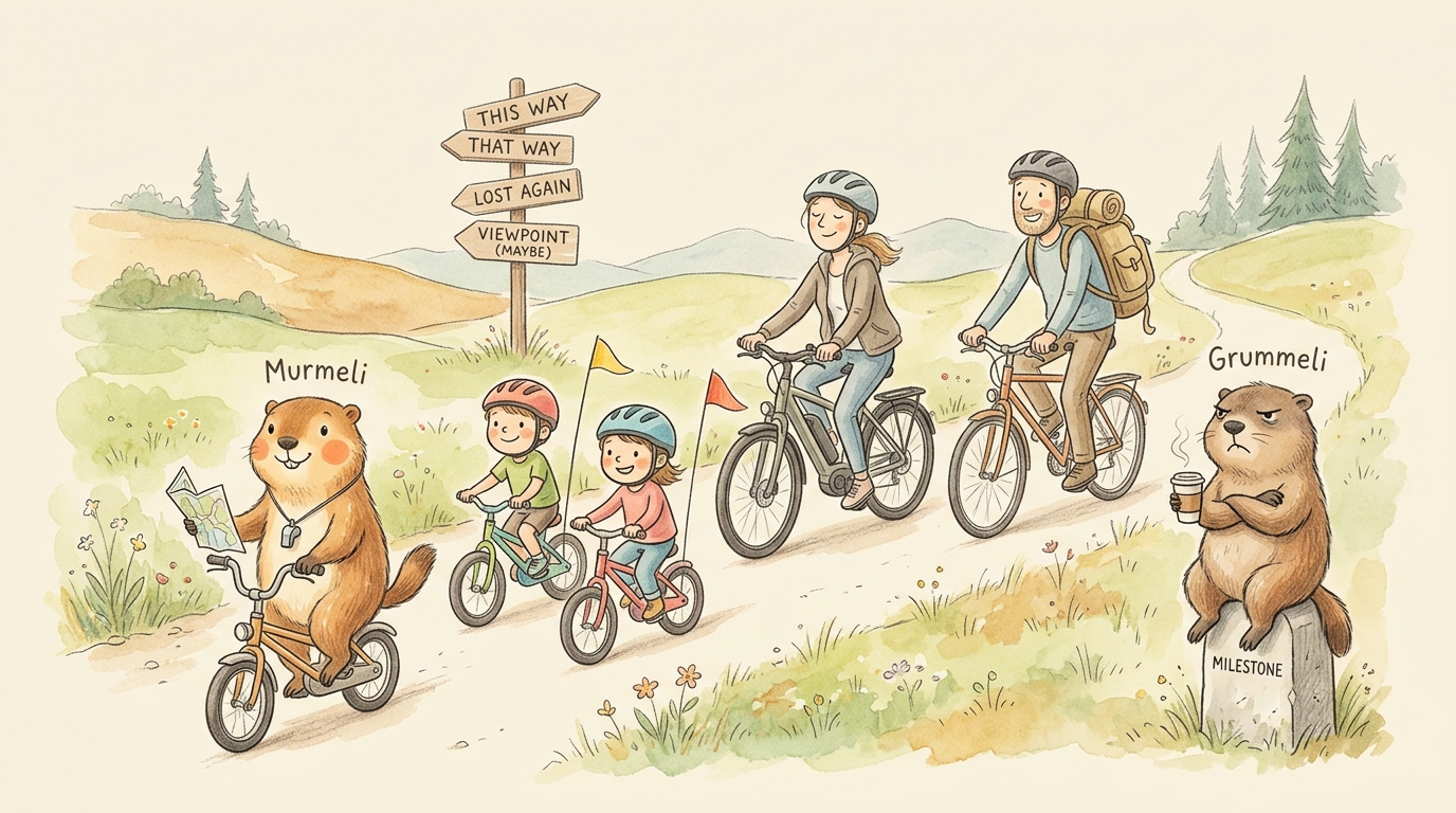 Handgezeichnete Kinderbuch-Szene: Vater auf wackeligem Leihrad mit schwerem Rucksack, Mutter entspannt auf E-Bike, zwei Kinder mit kleinen Rädern, Murmeli auf Mini-Fahrrad mit Karte und Trillerpfeife, Grummeli sitzt mit Kaffee auf einem Meilenstein und schaut ihnen hinterher