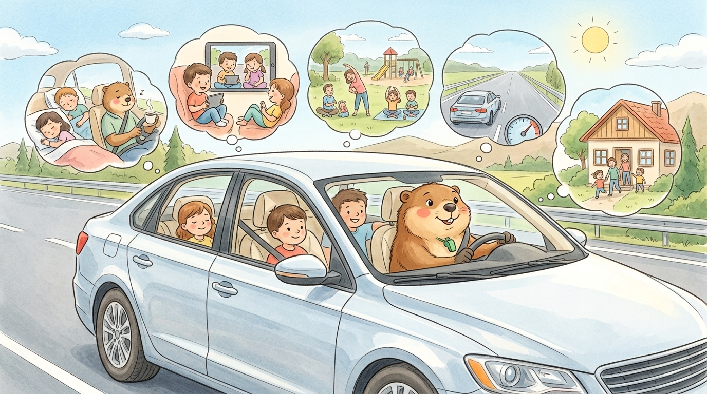 Handgezeichnete Kinderbuch-Szene: Ein Familien-Auto auf einer Autobahn, aus den Fenstern schauen vier verschiedene Gedankenblasen: Eine zeigt eine entspannte Familie, die andere ein Kind mit Tablet, eine dritte einen Rastplatz-Besuch, eine vierte einen durchgehenden Fahrttag ohne Pause. Murmeli sitzt am Lenkrad mit optimistischem Blick.