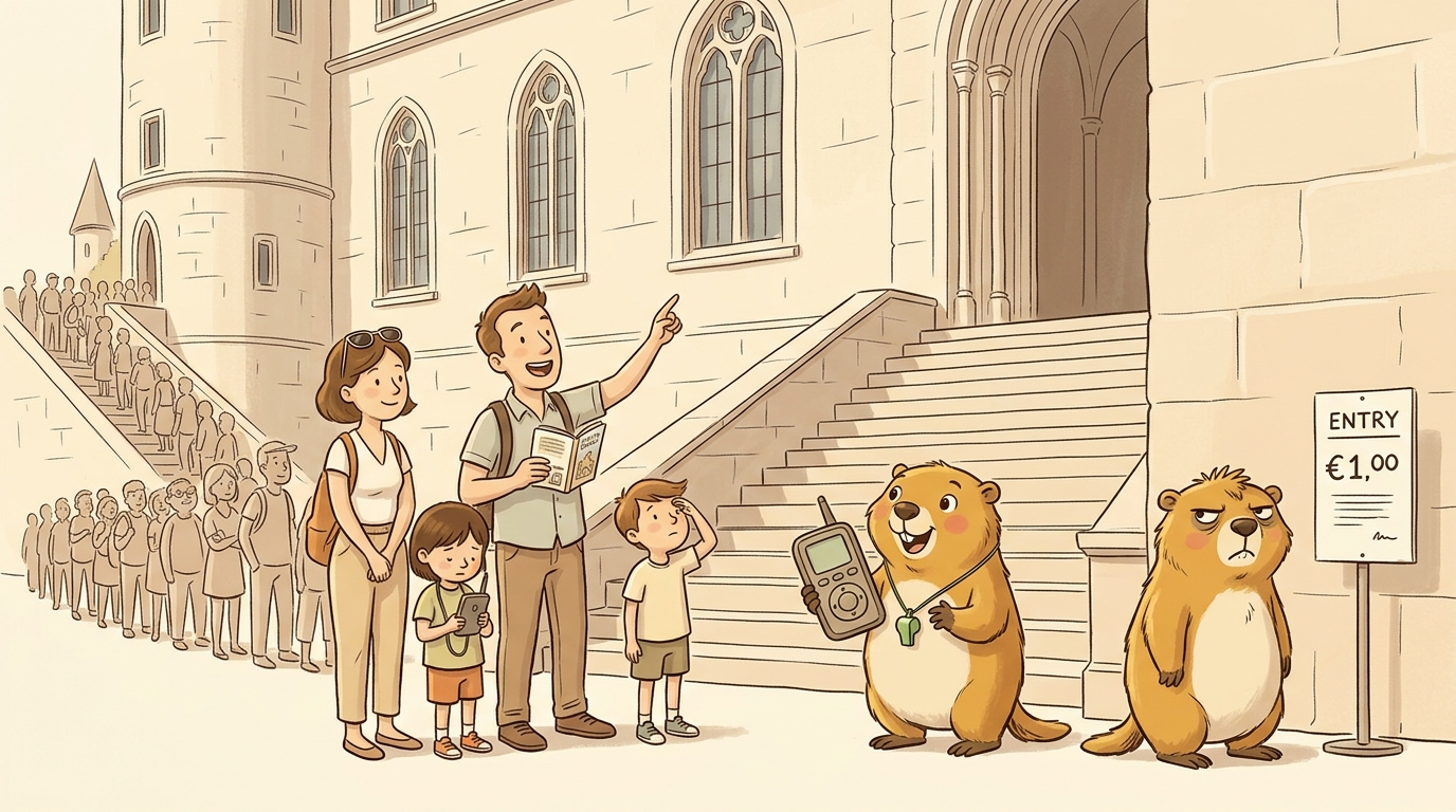 Handgezeichnete Kinderbuch-Szene: eine Familie steht vor einem imposanten Gebäude oder Monument; ein Elternteil zeigt begeistert nach oben, die anderen schauen mässig interessiert; Murmeli hält einen Audioguide und nickt; Grummeli studiert den Eintrittspreis mit hochgezogener Augenbraue