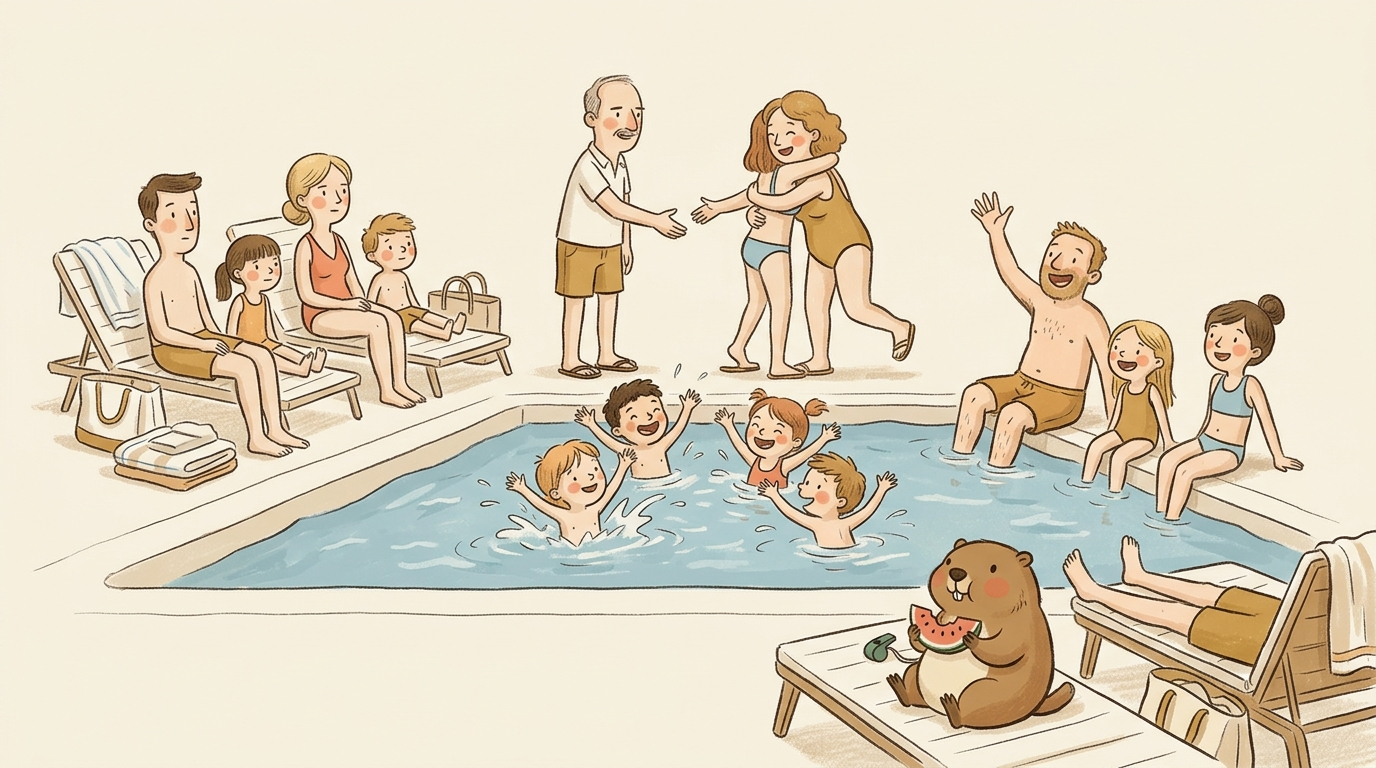 Handgezeichnete Kinderbuch-Szene: Zwei Familien am Hotelpool — Erwachsene beim linkischen Begrüssungsmoment, Kinder schon längst gemeinsam im Wasser, Murmeli sitzt entspannt zwischen beiden und isst Wassermelone