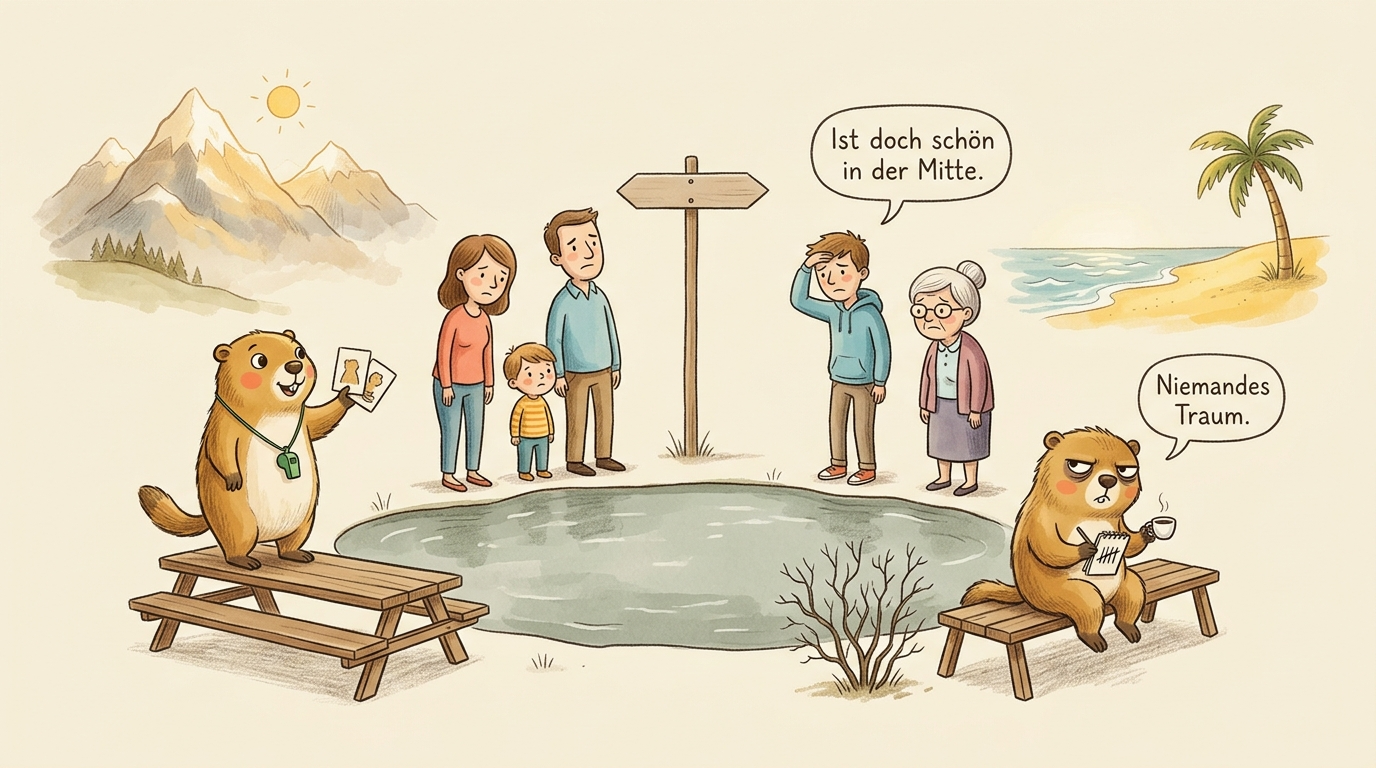 Handgezeichnete Kinderbuch-Szene: links ferne Berge, rechts ein sonniger Strand mit Palme, in der Mitte ein trister kleiner See, um den eine enttaeuschte Familie steht; Murmeli haelt auf der Bank zwei Abstimmungskarten hoch, Grummeli sitzt mit Espresso daneben und fuehrt Strichliste. Sprechblasen: 'Ist doch schoen in der Mitte.' und 'Niemandes Traum.'