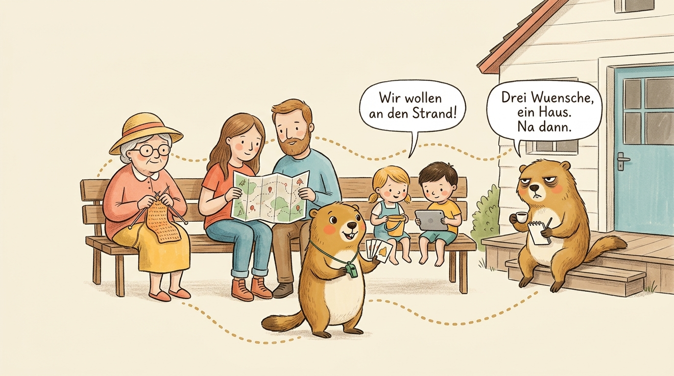 Handgezeichnete Kinderbuch-Szene: ein Ferienhaus, davor drei Generationen auf einer Bank mit gepunkteter Routen-Linie verbunden — eine Oma mit Strickzeug und Sonnenhut, ein Elternpaar mit Wanderkarte, zwei Kinder mit Eimerchen und Tablet; Murmeli steht mit Trillerpfeife in der Mitte und bringt die drei Wuensche zu einer Abstimmungs-Reihe zusammen, Grummeli sitzt mit Espresso auf der Treppe und fuehrt Strichliste. Kinder-Sprechblase: 'Wir wollen an den Strand!', Grummelis trockener Kommentar daneben: 'Drei Wuensche, ein Haus. Na dann.'