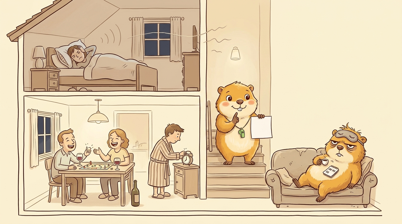 Handgezeichnete Kinderbuch-Querschnitt-Szene eines Ferienhauses bei Nacht: oben ein Schlafzimmer, in dem jemand genervt mit Kissen über den Ohren wach liegt, unten ein Wohnzimmer, in dem zwei Erwachsene fröhlich bei Wein und Brettspiel lachen, daneben ein früher Vogel im Bademantel, der schon den Wecker für sechs Uhr stellt. Dünne Wände mit sichtbaren Schallwellen. Murmeli steht im Treppenhaus mit Trillerpfeife und einem Zeitplan und legt den Finger an die Lippen, Grummeli liegt mit Schlafmaske und Espresso auf der Couch und führt Strichliste. Familien-Sprechblase aus dem Schlafzimmer: 'Pssst!', Grummelis Kommentar daneben: 'Tag zwei. Keiner hat geschlafen. Strich.'