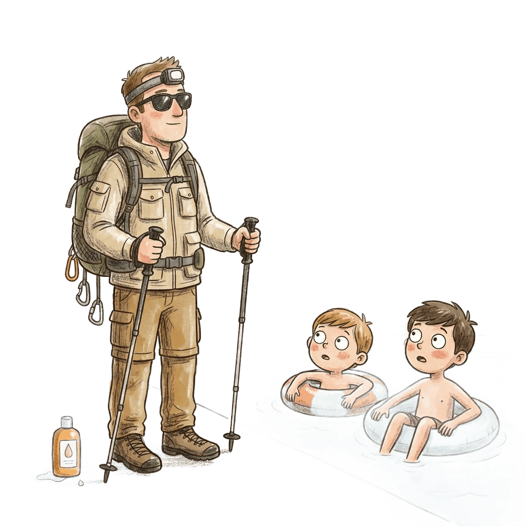 Vater in voller Funktionsmontur mit Trekkingstöcken und Stirnlampe am Pool, Kinder im Schwimmreif schauen ihn ungläubig an