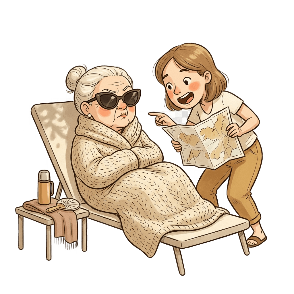 Oma im Schatten-Liegestuhl, im Schal, mit Sonnenbrille, blickt komplett ungerührt auf eine Wanderkarte die ihre Tochter ihr hinhält