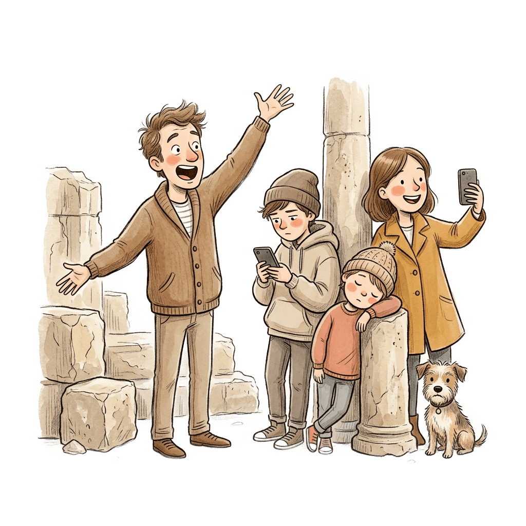 Vater doziert vor einer alten Ruine, daneben Teen am Handy, Kind eingeschlafen am Pfosten, Mutter macht Selfie mit dem Hund