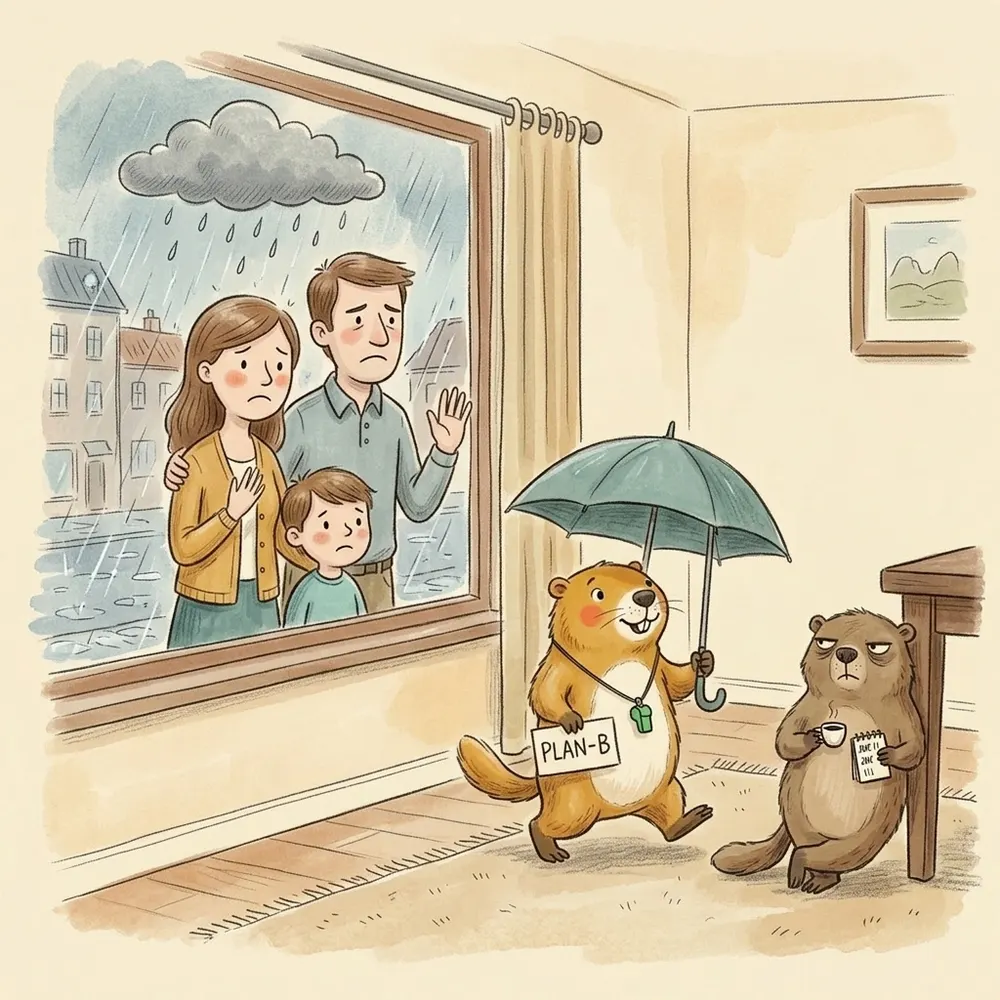 Die Familie klebt mit langen Gesichtern an der regennassen Scheibe; Murmeli kommt mit Schirm und Plan-B-Schild, Grummeli daneben