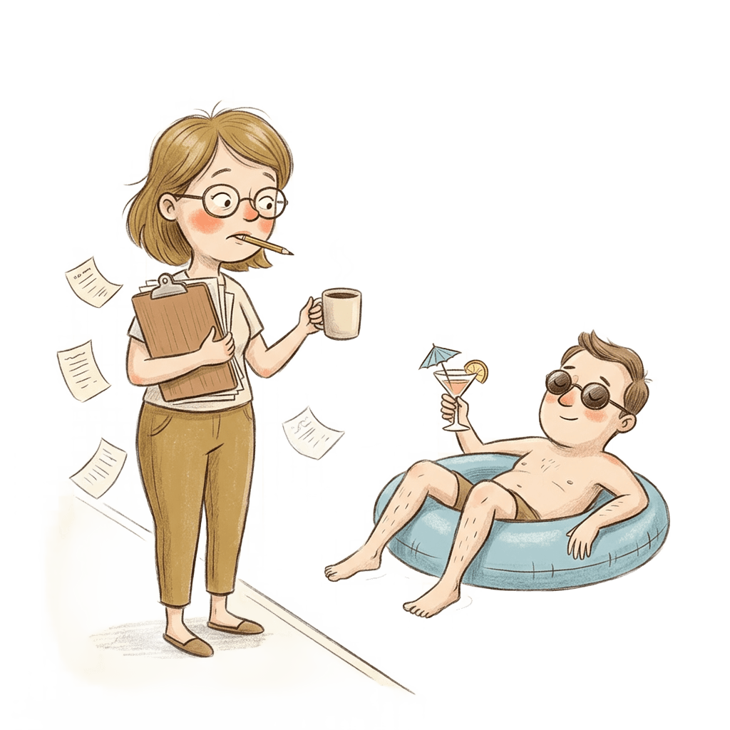 Organisatorin mit Klemmbrett und Kaffee, Mann entspannt im Schwimmreif
